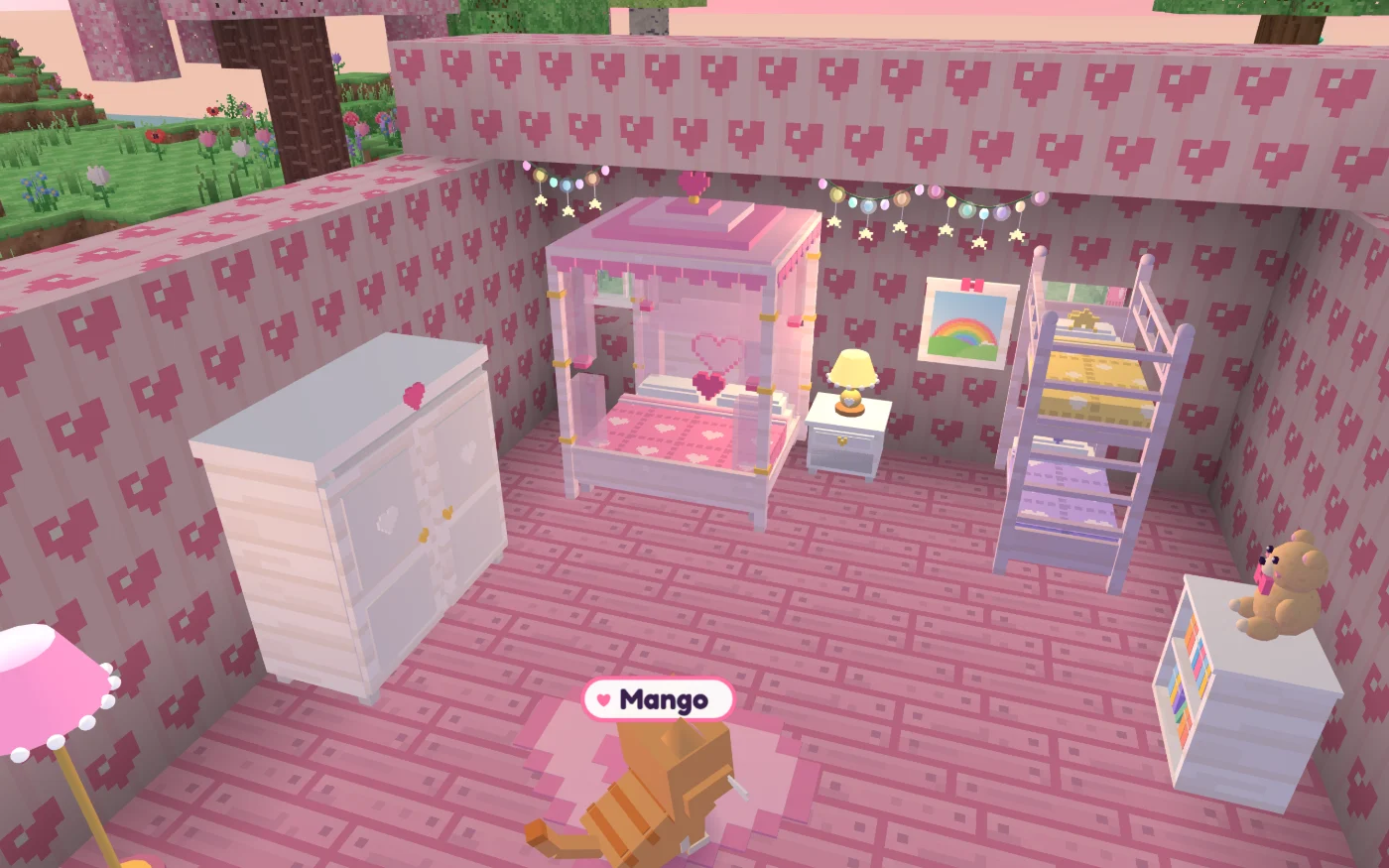 A pink bedroom with heart wallpaper: a princess canopy bed, a bunk bed, a nightstand lamp, fairy lights, a teddy bear and a ginger kitty sitting on a heart rug.