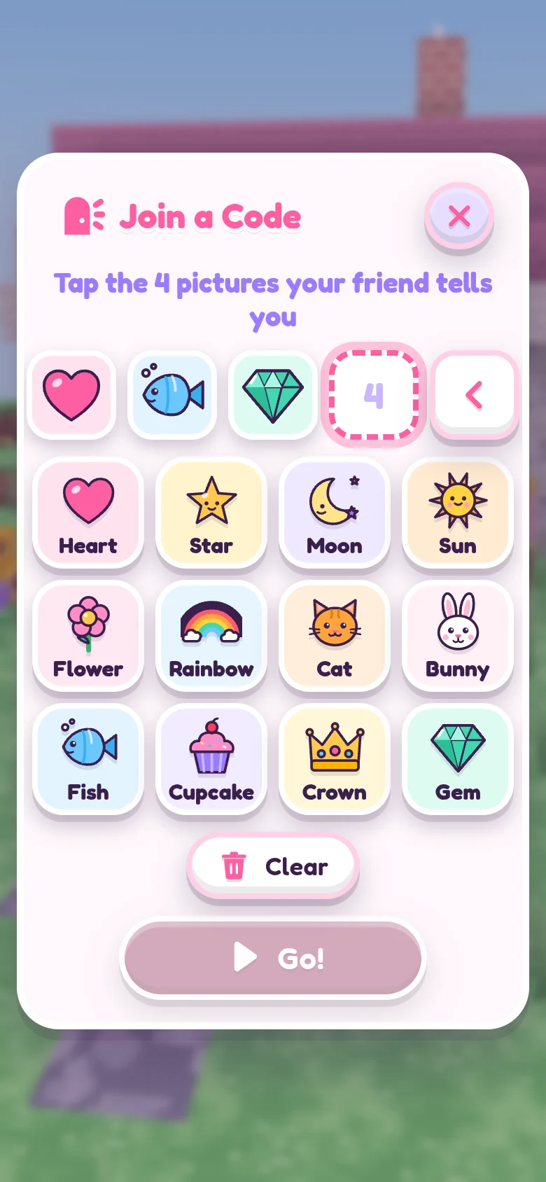 The Join a Code keypad in the game on a phone: 12 pictures to tap, with three of the four code pictures already filled in.