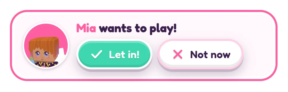 The real knock card in the game: Mia wants to play! with the buttons Let in! and Not now.