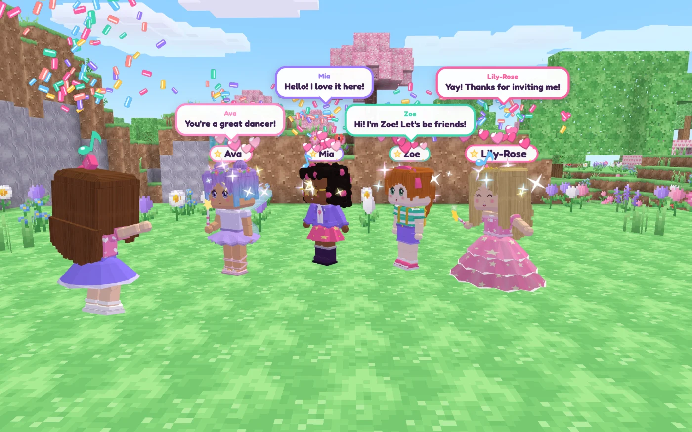 Four friends dancing with the player in a meadow, with speech bubbles saying Hello! I love it here! and Let's be friends!