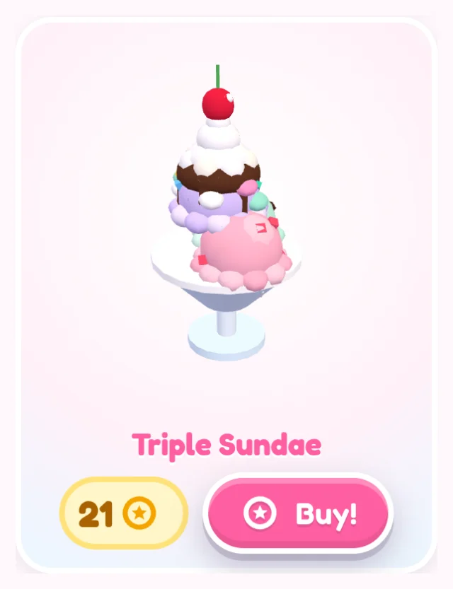 Building a Triple Sundae at the Ice Cream Parlor: strawberry, mint and unicorn scoops with sprinkles, a cherry, whipped cream and chocolate sauce, for 21 Sparkle Coins.