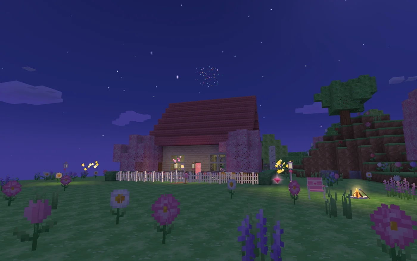 A cottage at night under a starry sky, its windows and lantern posts glowing warm.