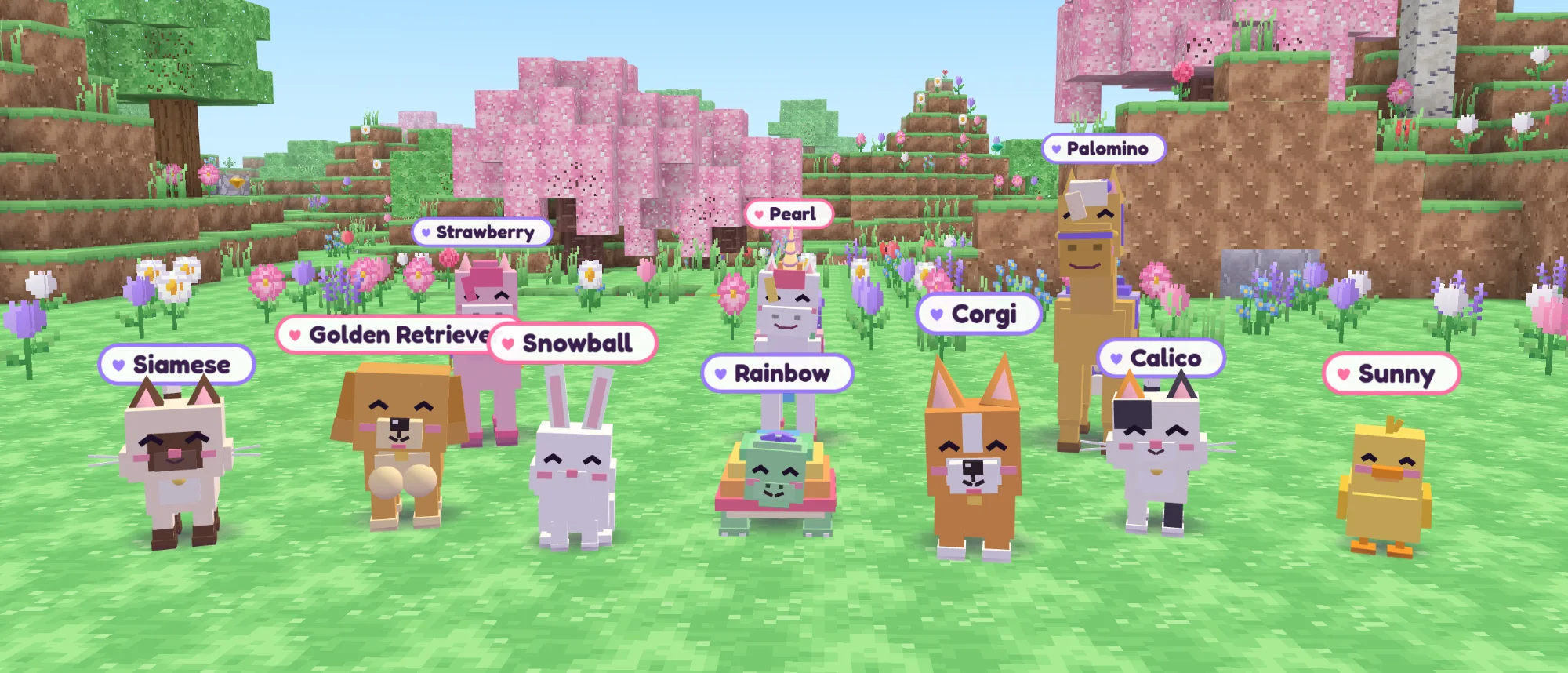 A row of pets in a meadow, each with a name tag: a Siamese kitty, a Golden Retriever puppy, a white bunny called Snowball, a rainbow turtle, a Corgi, a Calico kitty and a duckling called Sunny in front, with a pink pony, a unicorn called Pearl and a Palomino horse behind them.