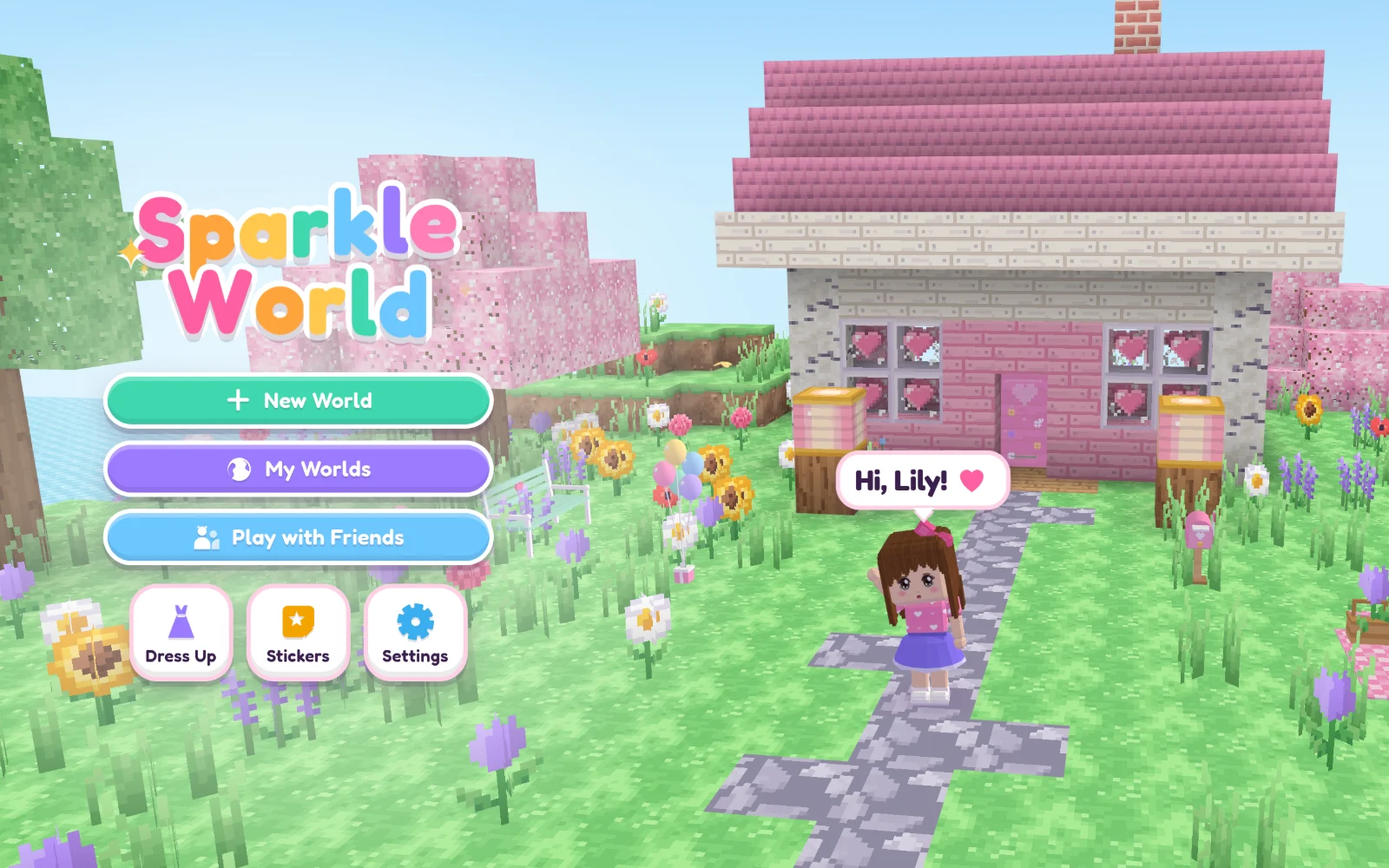 The Sparkle World title screen: a pink cottage in a flower meadow, cherry blossom trees, and a girl with long brown hair waving and saying Hi, Lily! Buttons read New World, My Worlds, Play with Friends, Dress Up, Stickers and Settings.