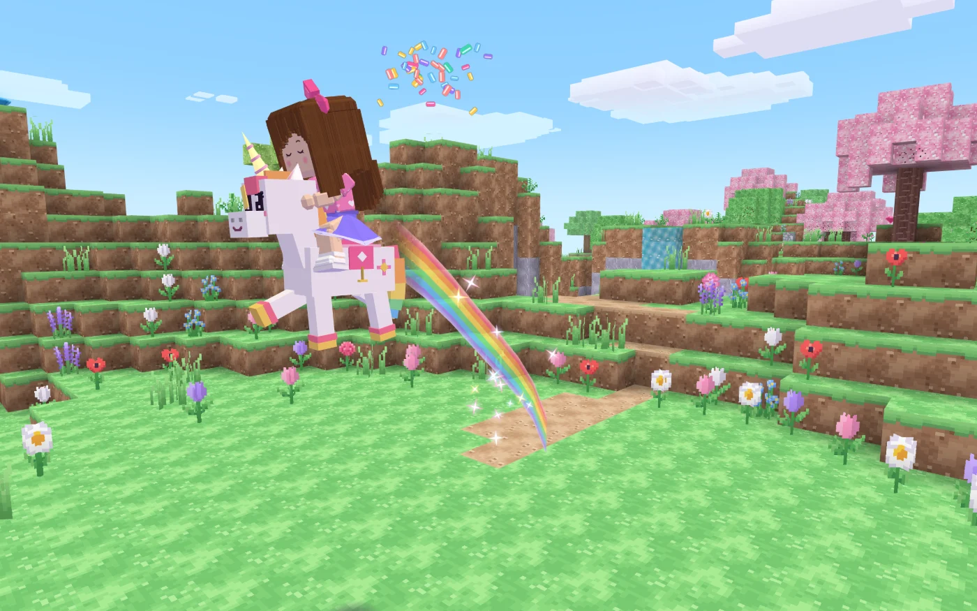 A girl riding a white unicorn up into the air, with a rainbow trail and sparkles behind them.