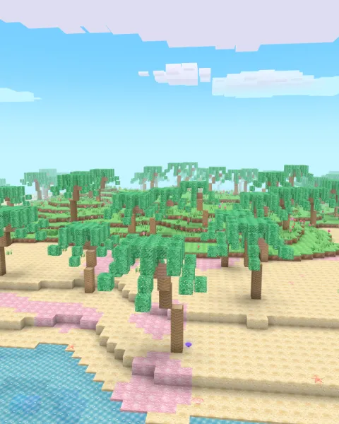 Beach Island: sand, palm trees and turquoise water.