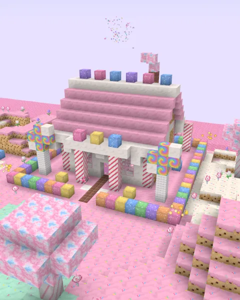 Candy Land: pink frosting ground, cookie hills, lollipop trees and a little candy house.