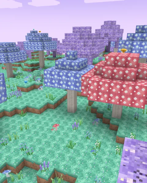 Fairy Forest: purple fairy trees, giant blue mushrooms that glow and red spotted ones, on soft mossy ground.