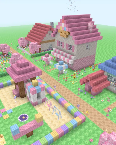 Builder Flat: perfectly flat grass with a little town on it, a street of Magic Houses with lamps, a garden and a playground.