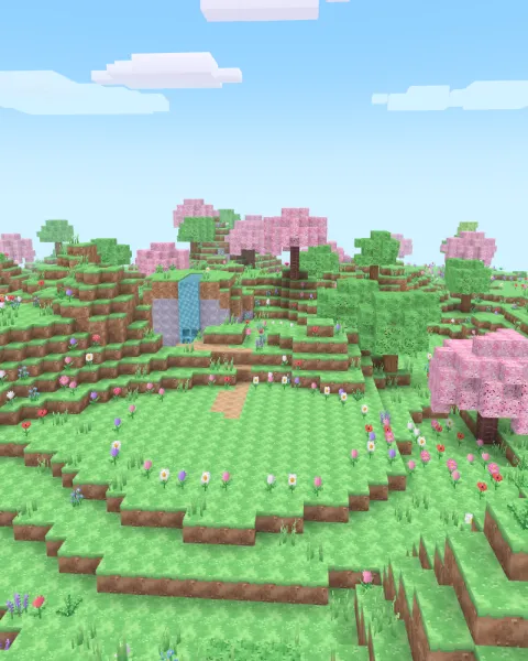 Flower Meadow: green hills, cherry blossom trees and flowers everywhere.