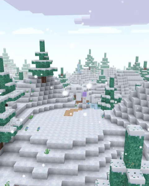 Snowy Wonderland: snowy hills and pine trees while snow falls.