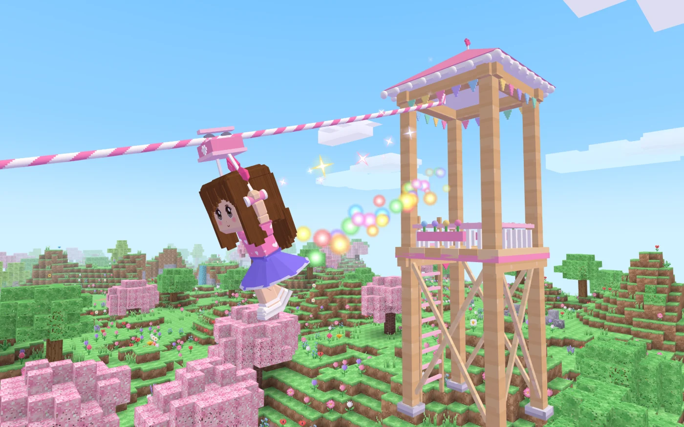 A girl zooming along a pink and white striped zip line toward a wooden tower with a pink roof, high over green hills.